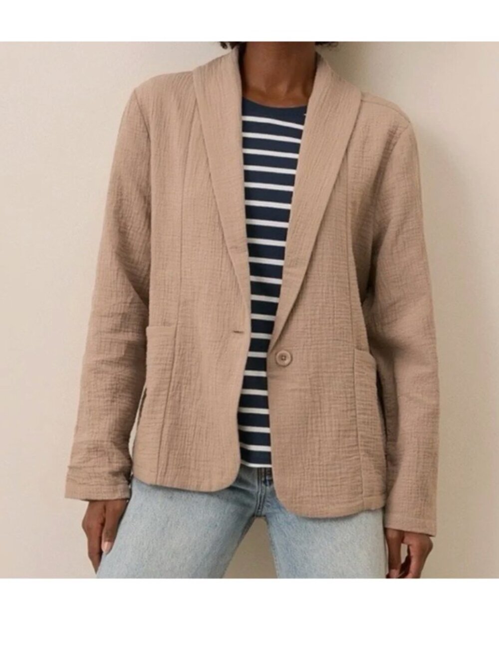 Pact Coastal Double Gauze Blazer M Beige Stucco Pockets 100% Organic Cotton